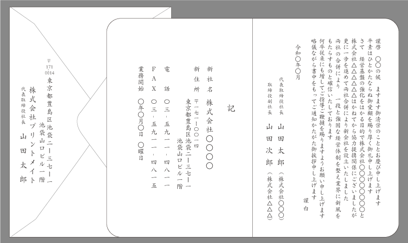 合併の挨拶状（業務提携からの合併）封筒付きカード印刷見本