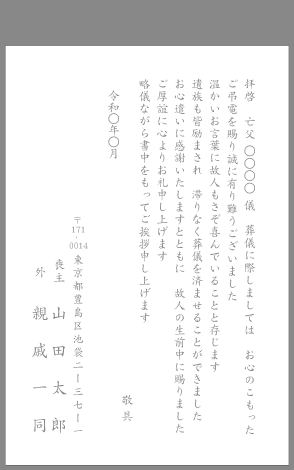 葬儀・弔電のお礼状(遺族も皆励まされ)例文#24 はがき印刷見本